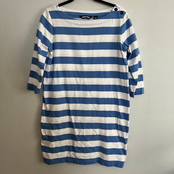 Lands' End Dresses & Skirts - Lands' End Shift Dress Blue White Rugby Striped Button Front 3/4 Sleeve Sz MP